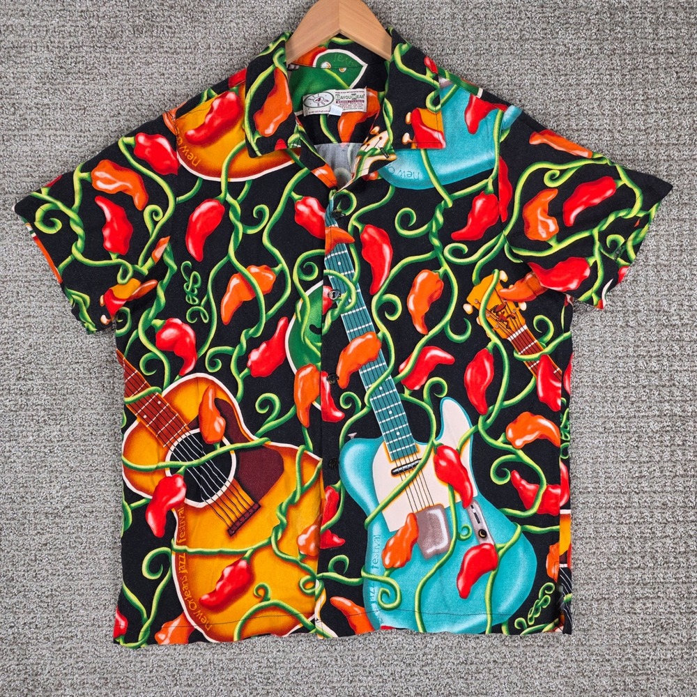 Bayouw Wear New Orleans Jazz Festival Guitar Chili Pepper Rayon Shirt Mens L